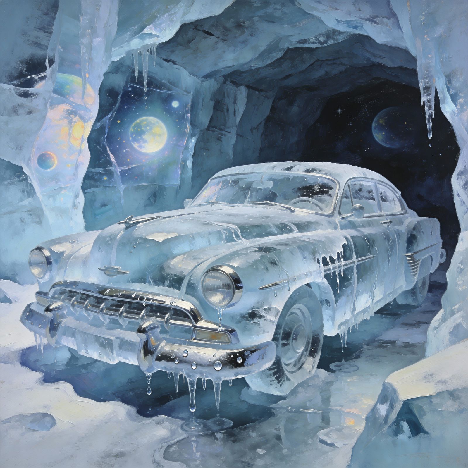 1950s Car as Melting Ice Sculpture in Glacial Cave