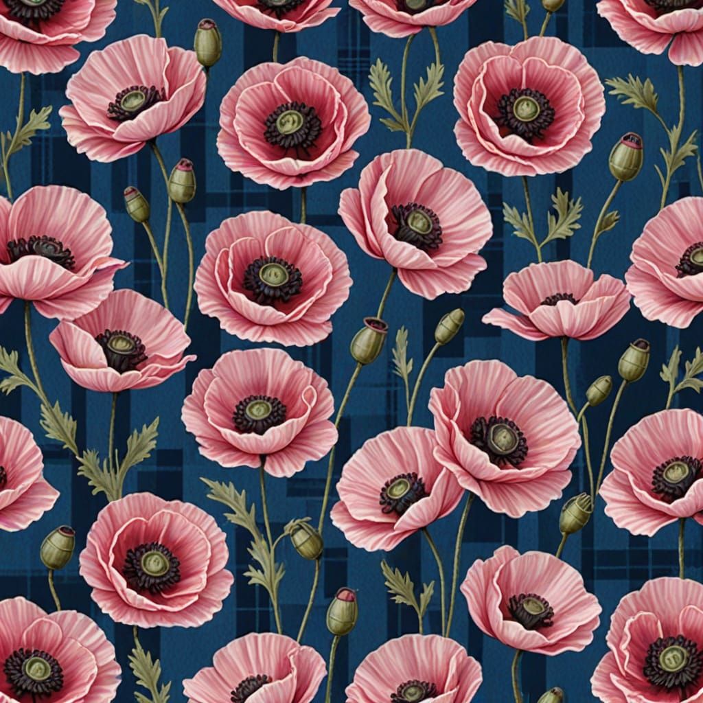 Pink Poppies Woven Into Blue and Pink Tartan Pattern