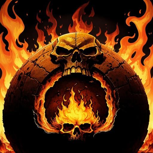 Burning Skull in Fiery Lava Landscape