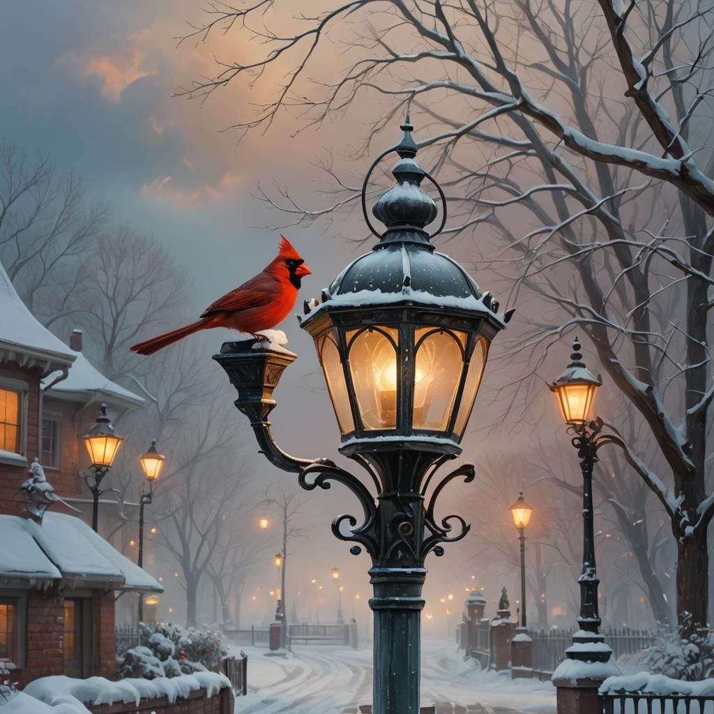 Cardinal on Lamp Post in Winter, Digital Art