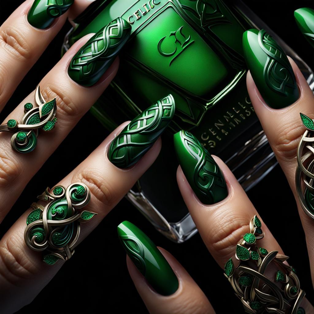 Green Celtic Nails Detailed Matte Painting