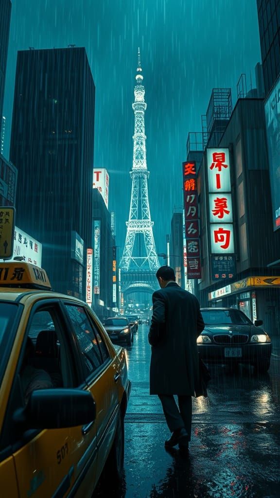 Neo-Tokyo Detective in Rain, Cyberpunk Cityscape