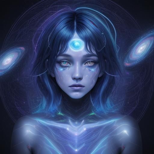 Astral Figure Awakens: Holographic Cosmic Illustration