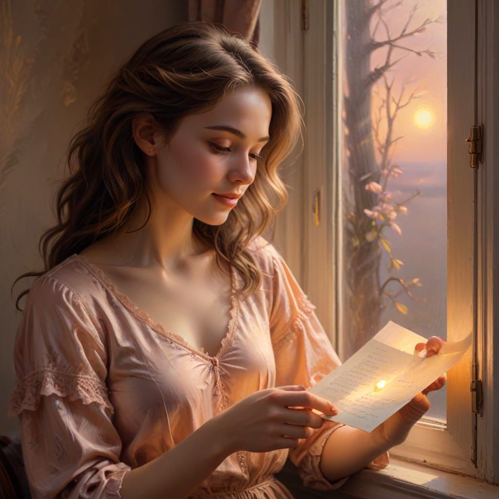 Sensual Oil Painting of a Young Woman with a Secret Admirer'...