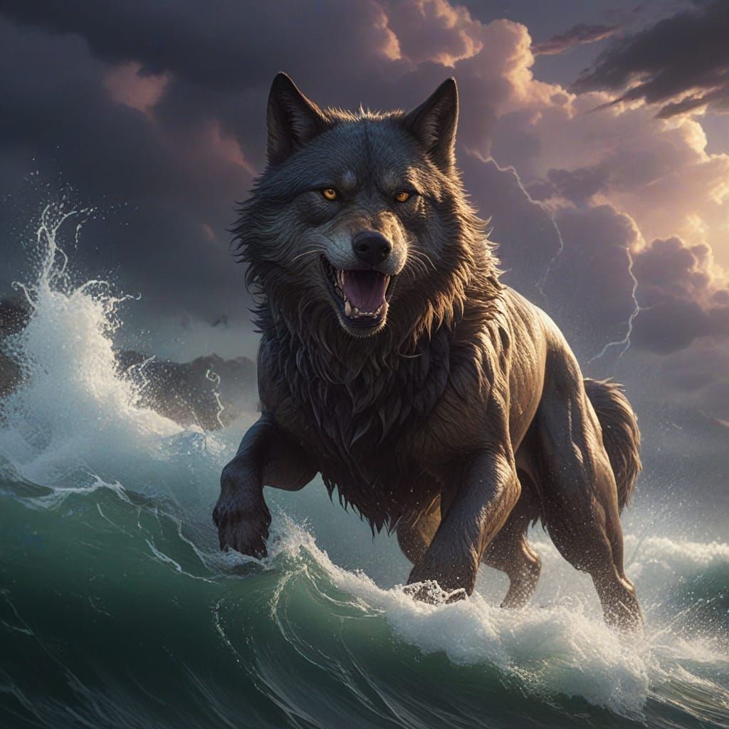 Dark Fantasy Wolf in Stormy Sea Scene