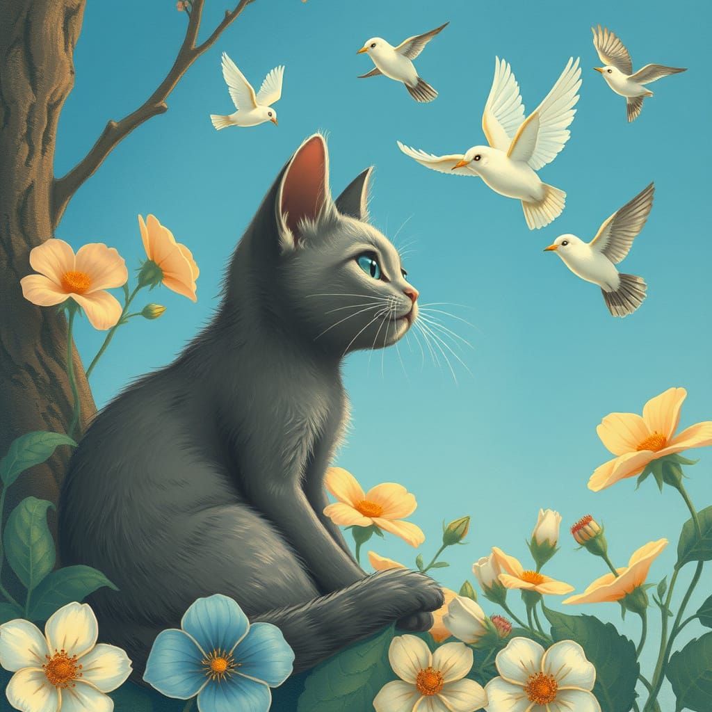 Whimsical Blue-Eyed Kitten Watches Birds Soar in Floral Para...