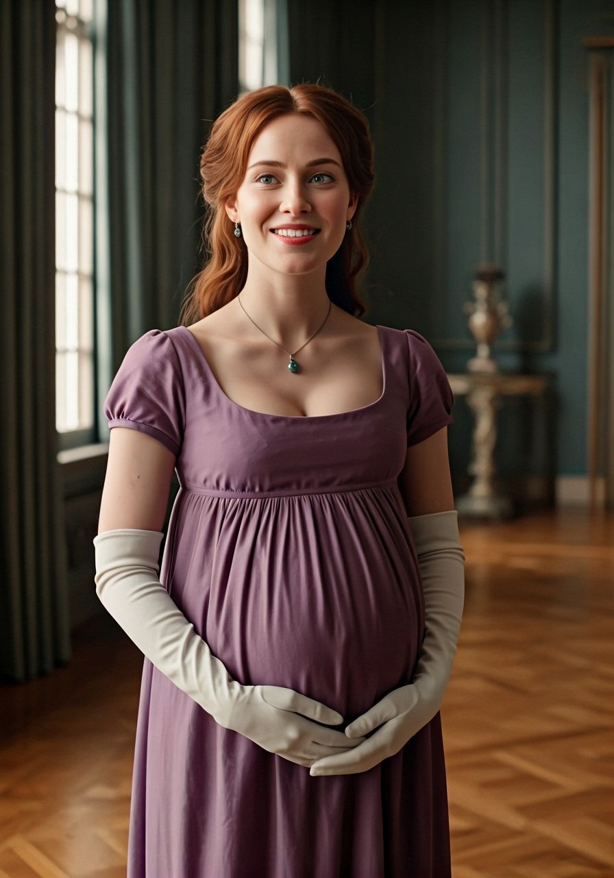 Pregnant Woman in Regency Era Gown Walking Mansion