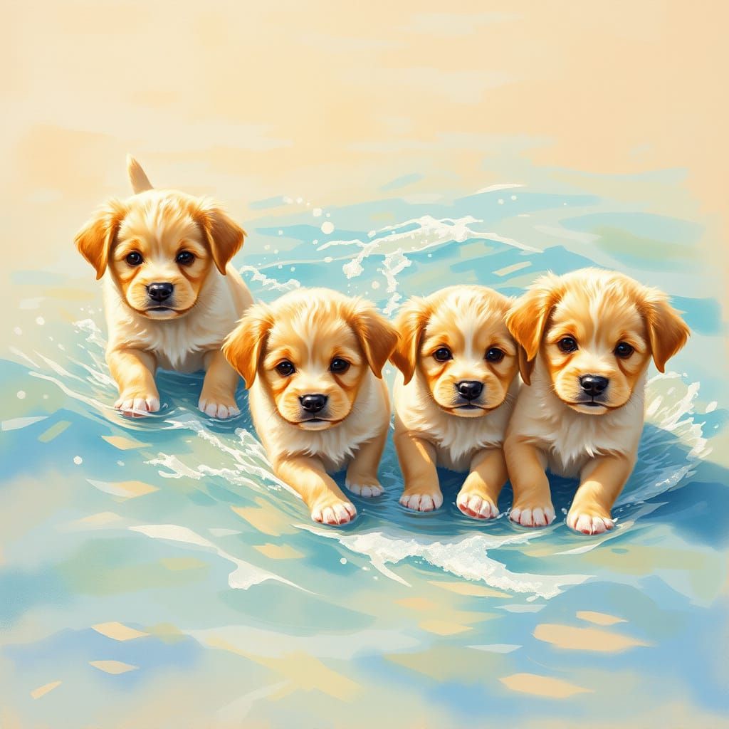 Joyful Puppies at Sunset Beach in Impressionist Style
