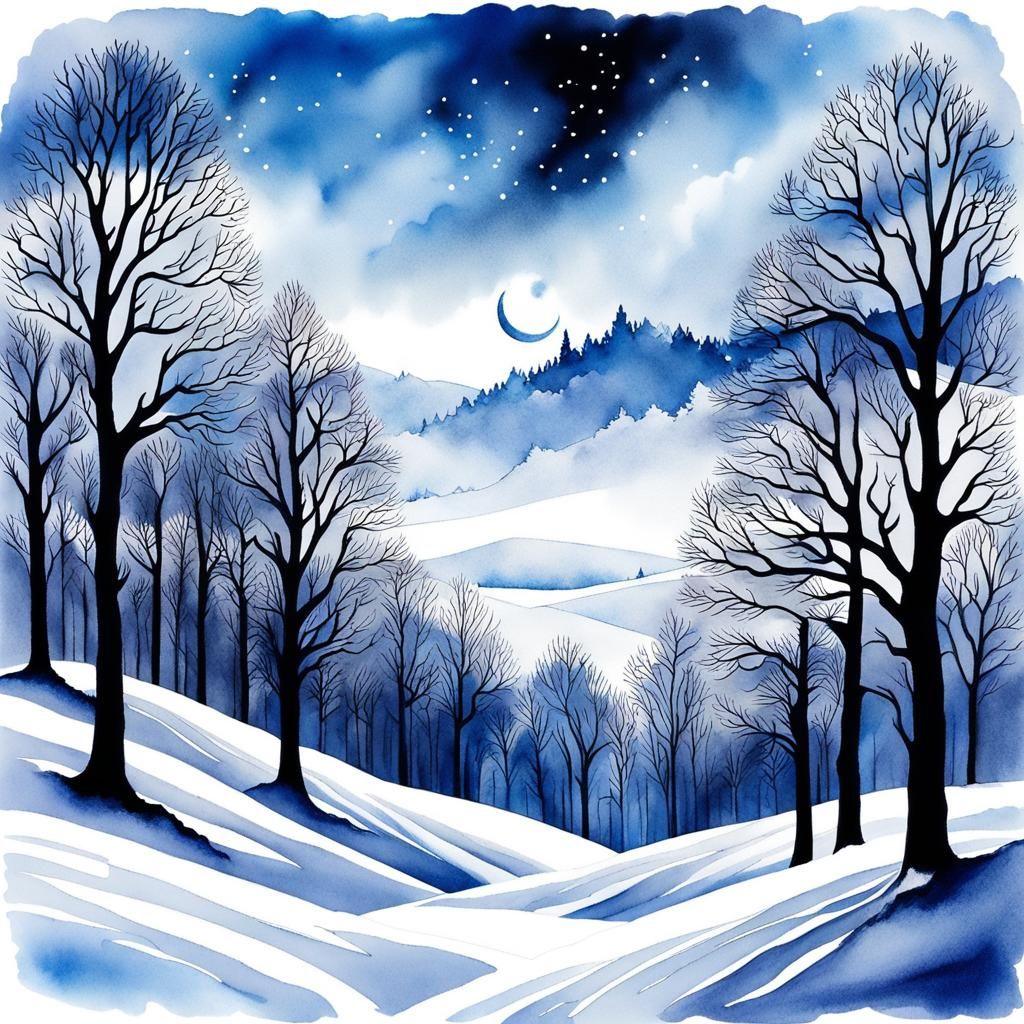 Winter Landscape with Snow-Covered Trees in Watercolour
