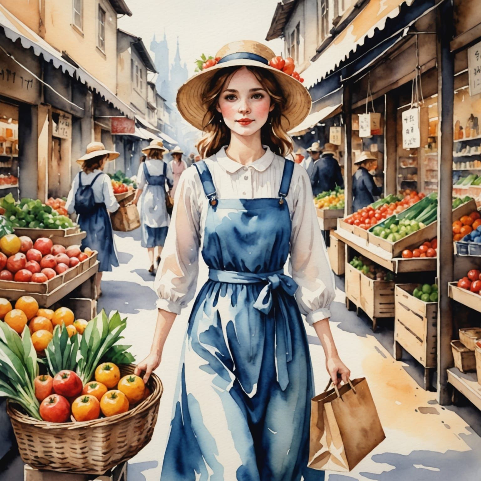Lovely Watercolor Maiden in the Market