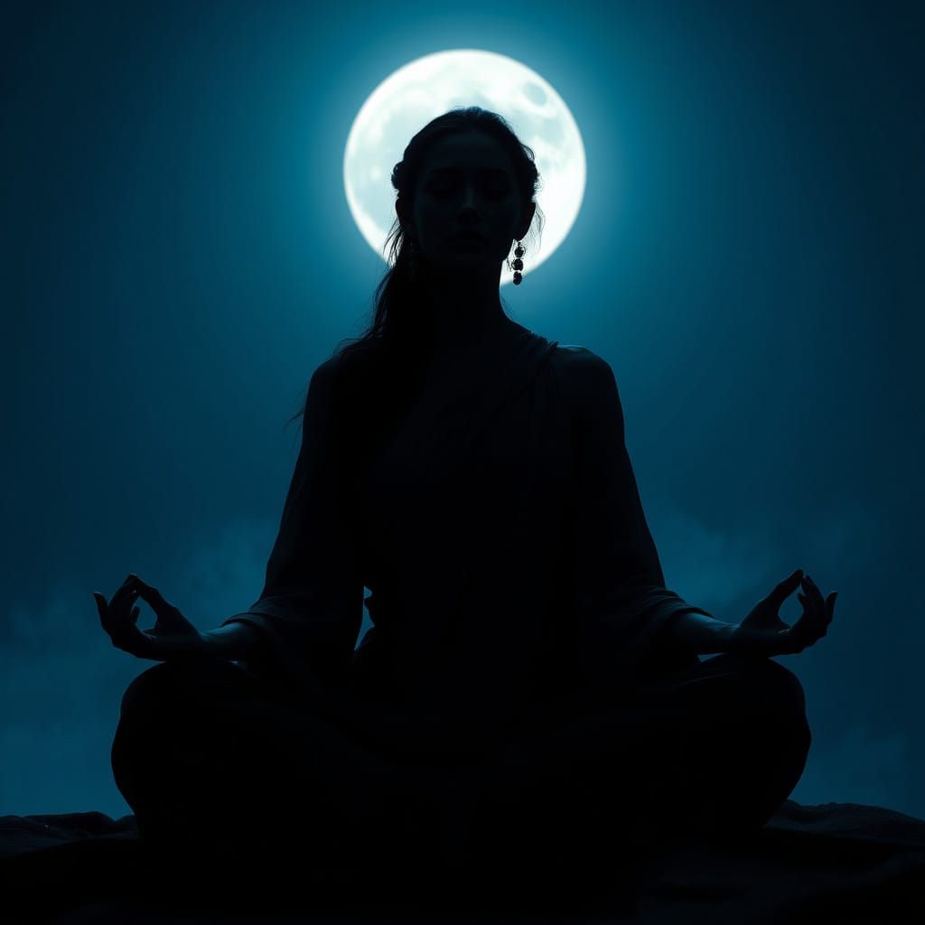 Woman in Contemplative Lotus Pose under Full Moonlight