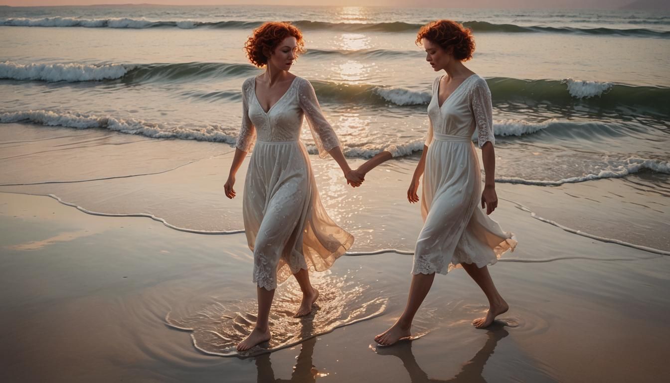 Red-Haired Bride on Twilight Beach: Hyperrealistic Splash Ar...