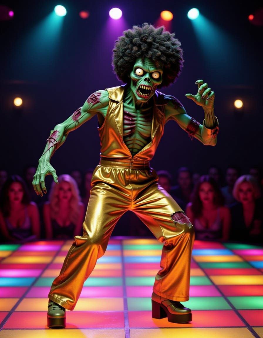 Disco Zombie Dances on RGB Floor in Gritty Photo