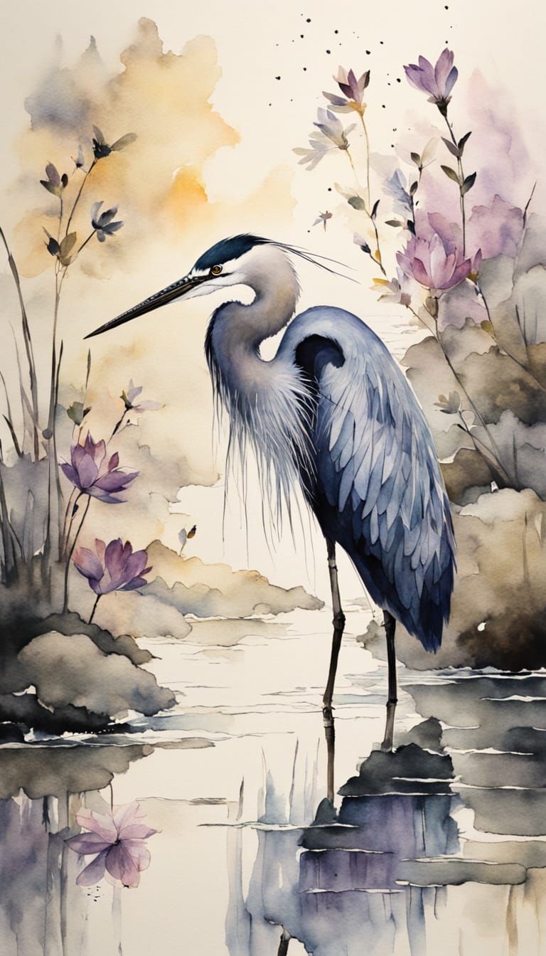 Heron in Misty Pond: Japanese Watercolor Painting