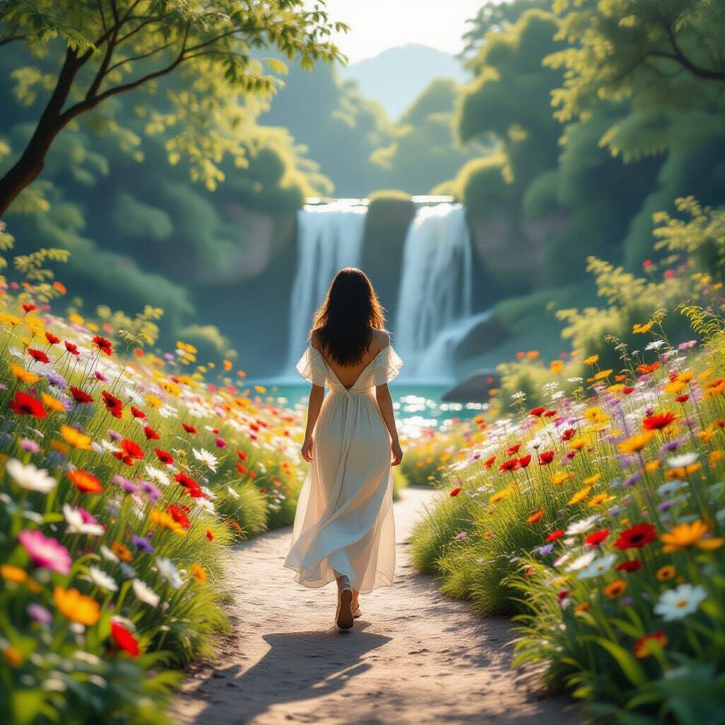 Serene Woman Walking Among Wildflowers in Origami Style