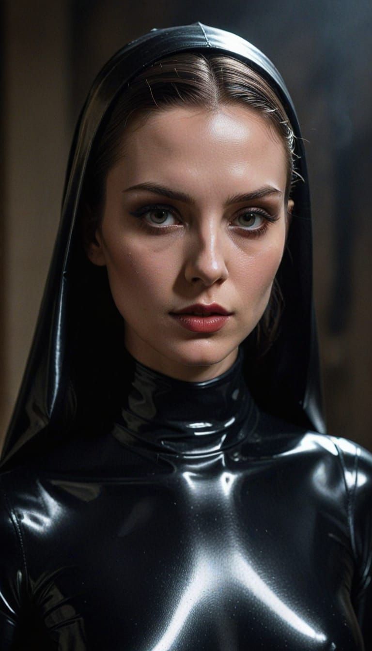 Sensual Nun in Black Latex Catsuit