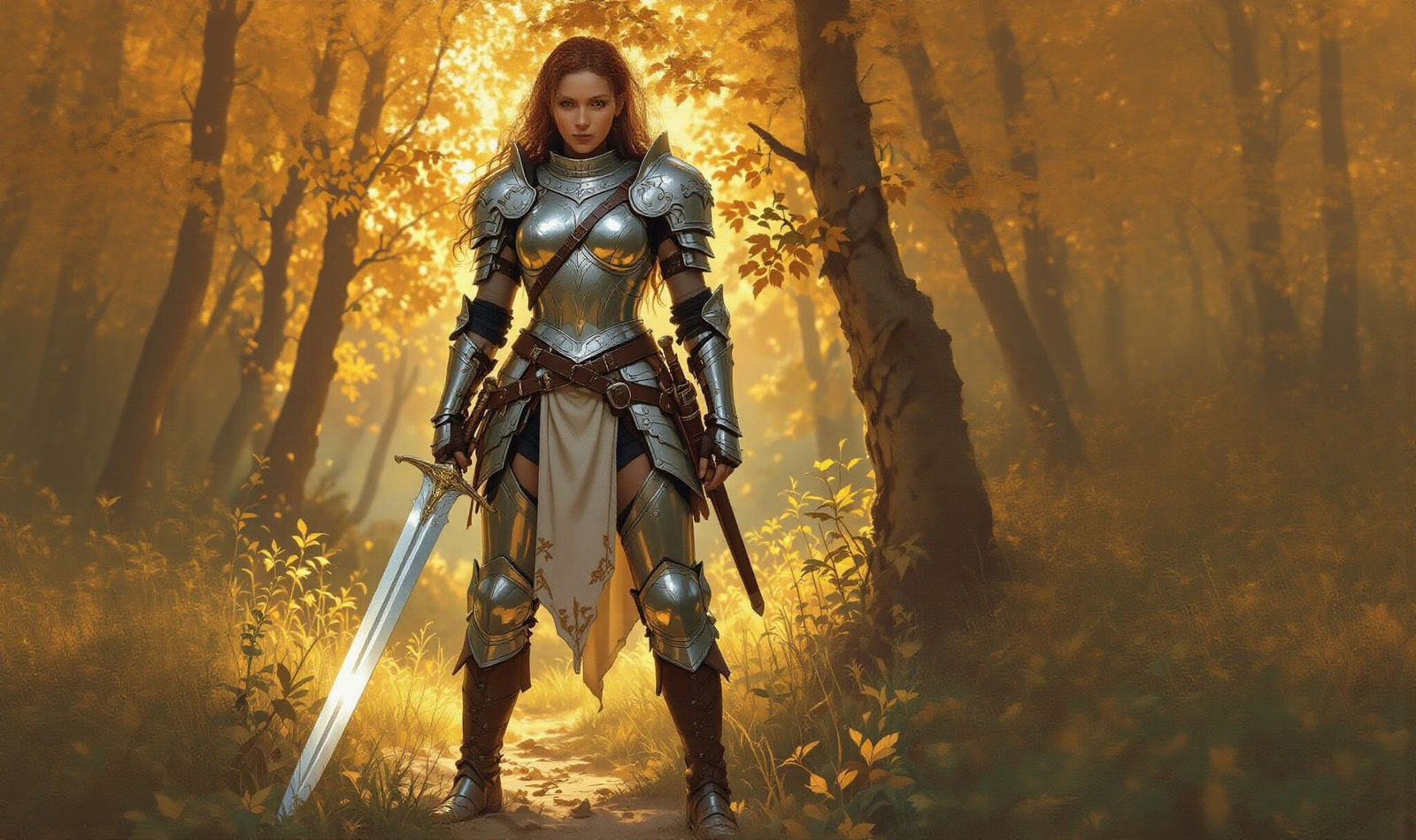 Female Knight in Silver Armor in Golden Forest