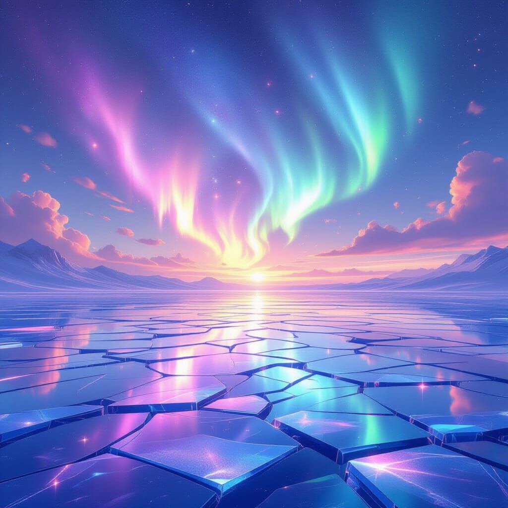 Ethereal Galaxy Landscape with Iridescent Glass Ground
