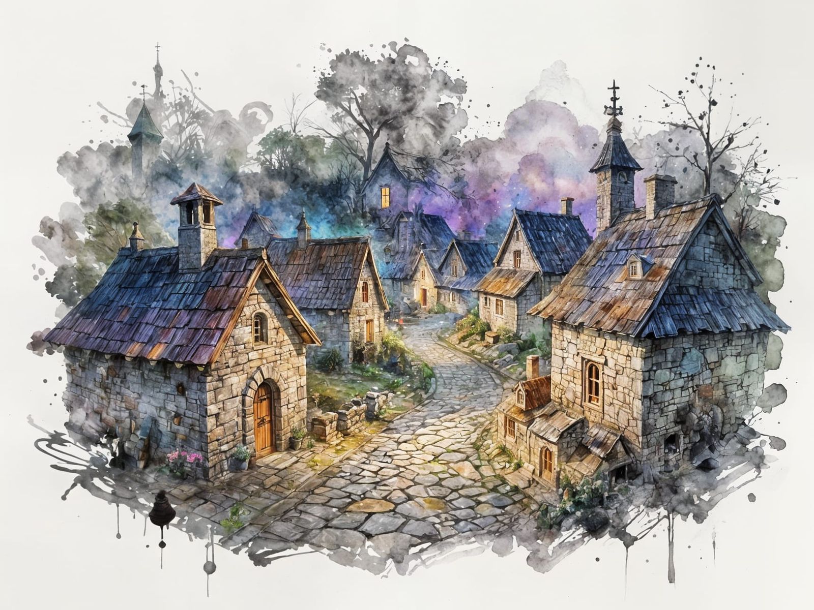 Fairy Tale Village in Watercolor Expressionism Style