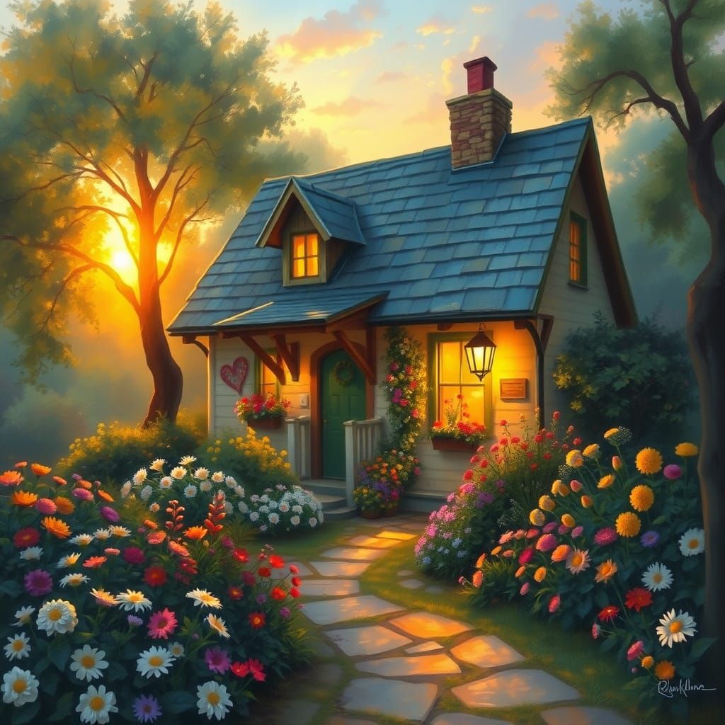 Idyllic Cottage at Sunset in Romantic Style