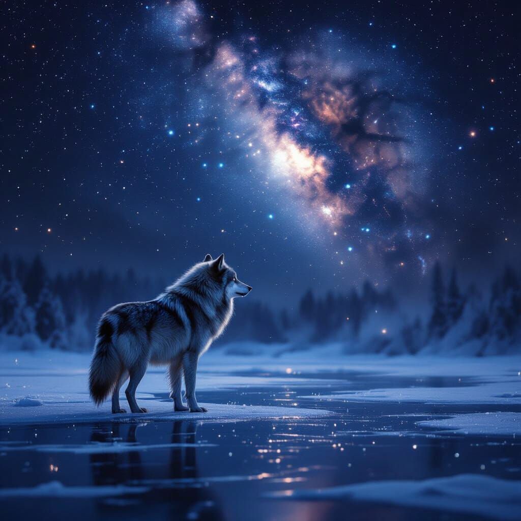 Lone Wolf Gazes at Cosmic Nebula Under Ethereal Night Sky
