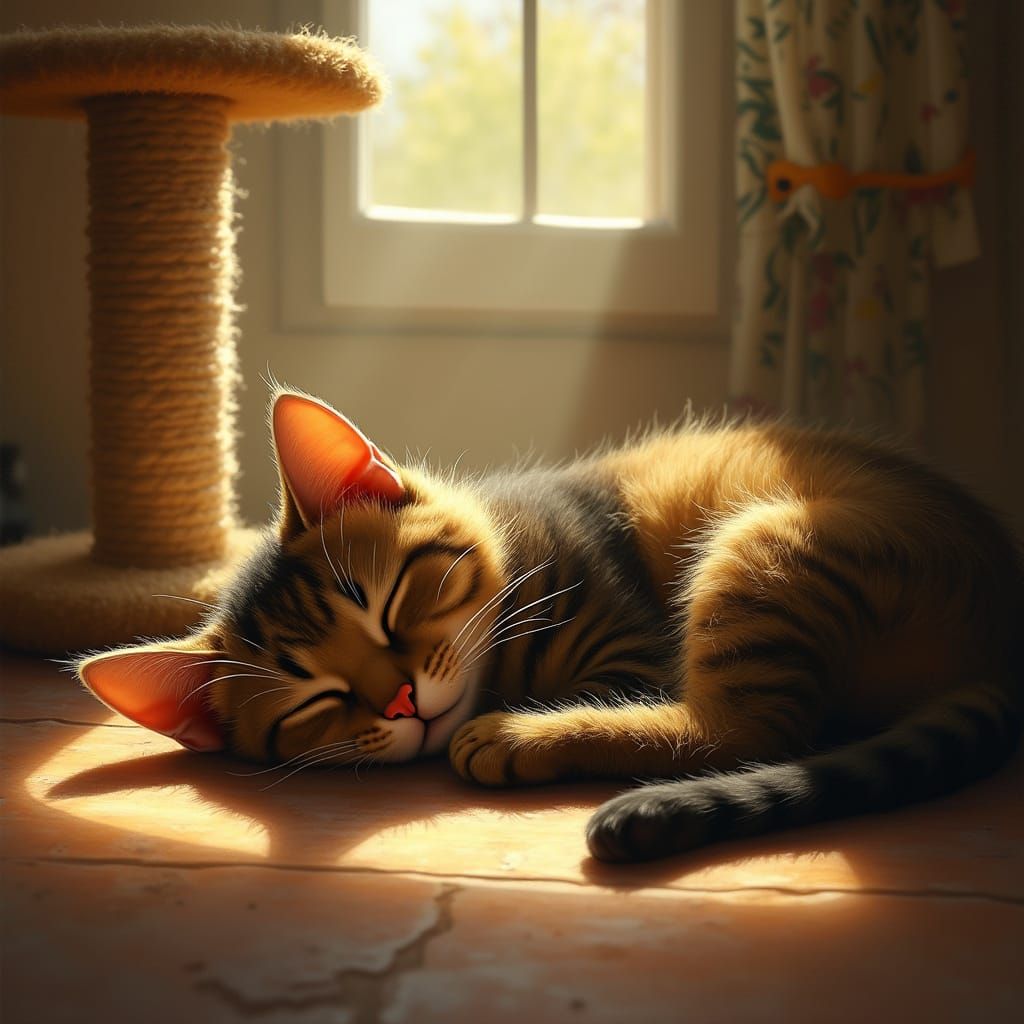 Brown and Black Cat Sleeping in Sunbeam