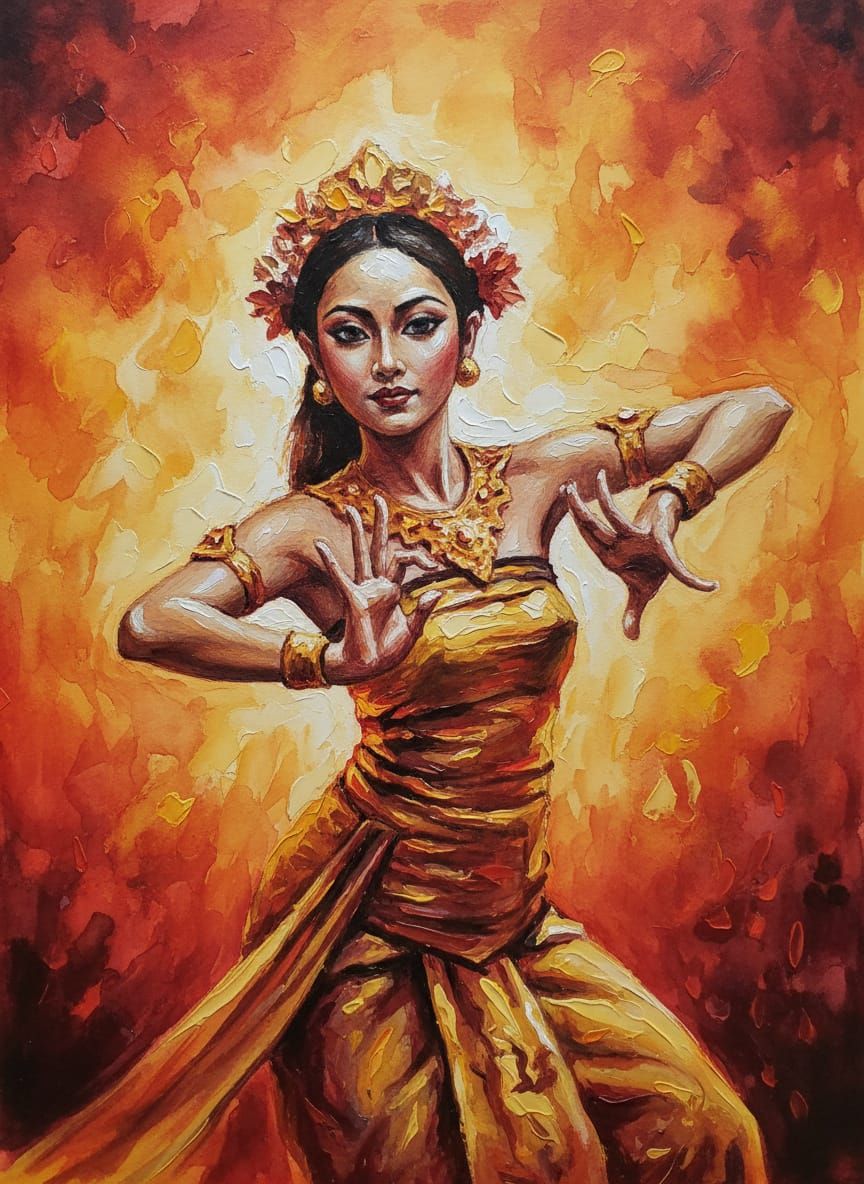 Balinese Dancer in Fire Dance Impasto and Watercolor