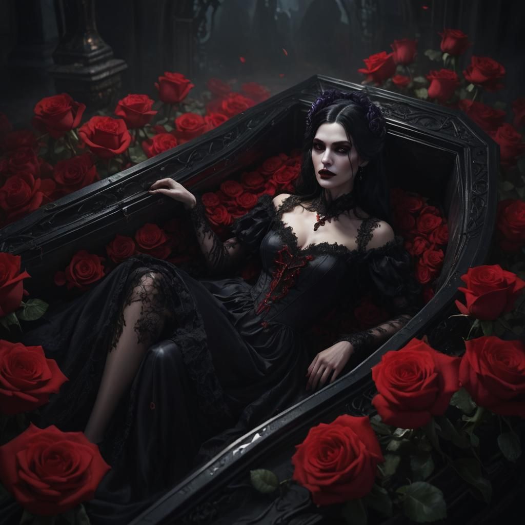 Victorian Vampire in Glass Coffin: Dark Fantasy Art