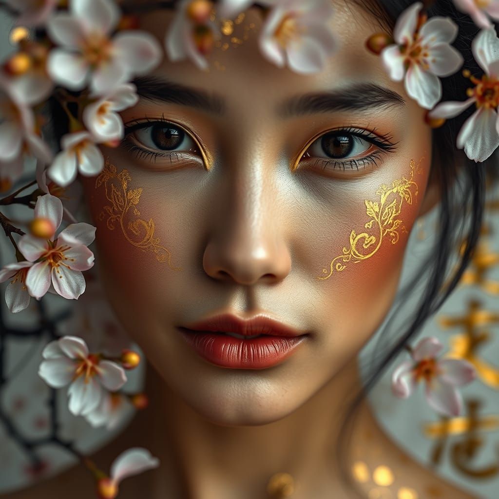 Golden Kintsugi Woman Portrait with Cherry Blossoms