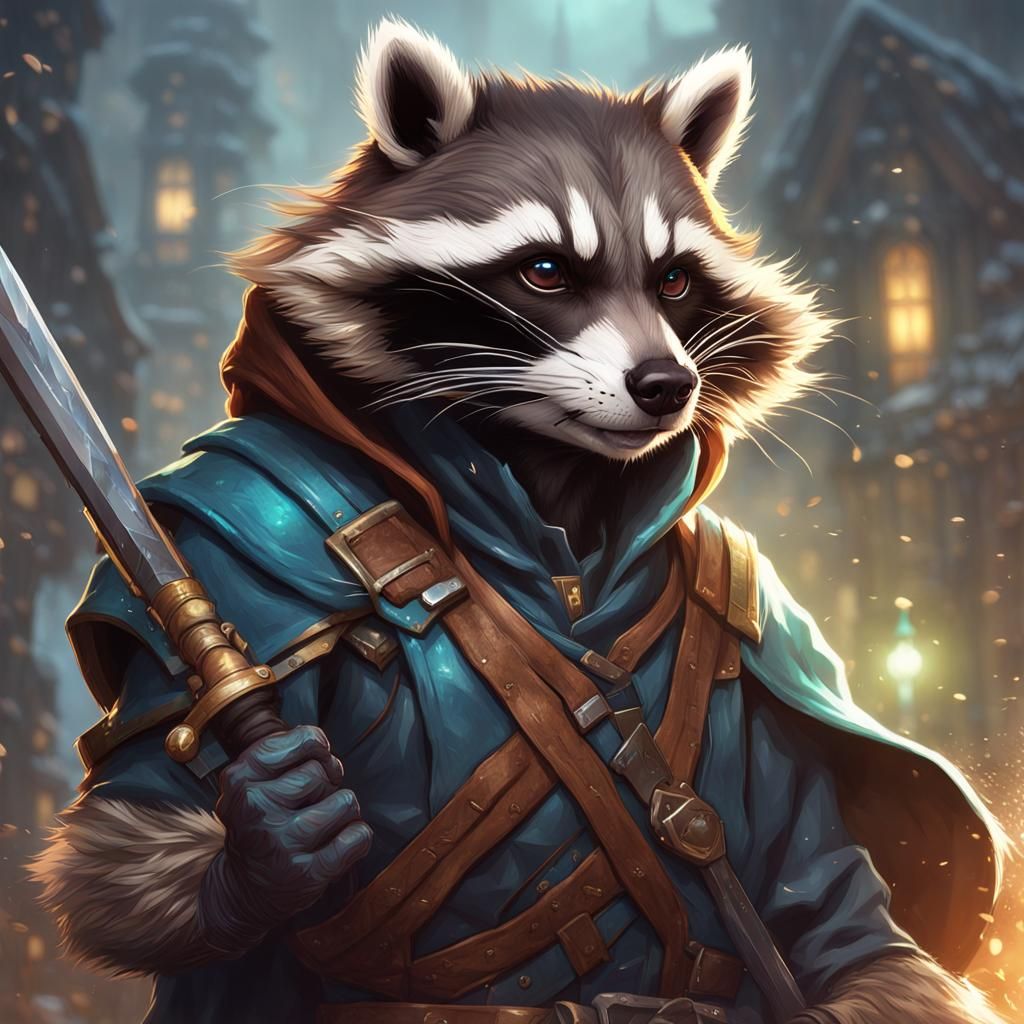 Raccoon Rogue with Rapier: Detailed 8K Portrait