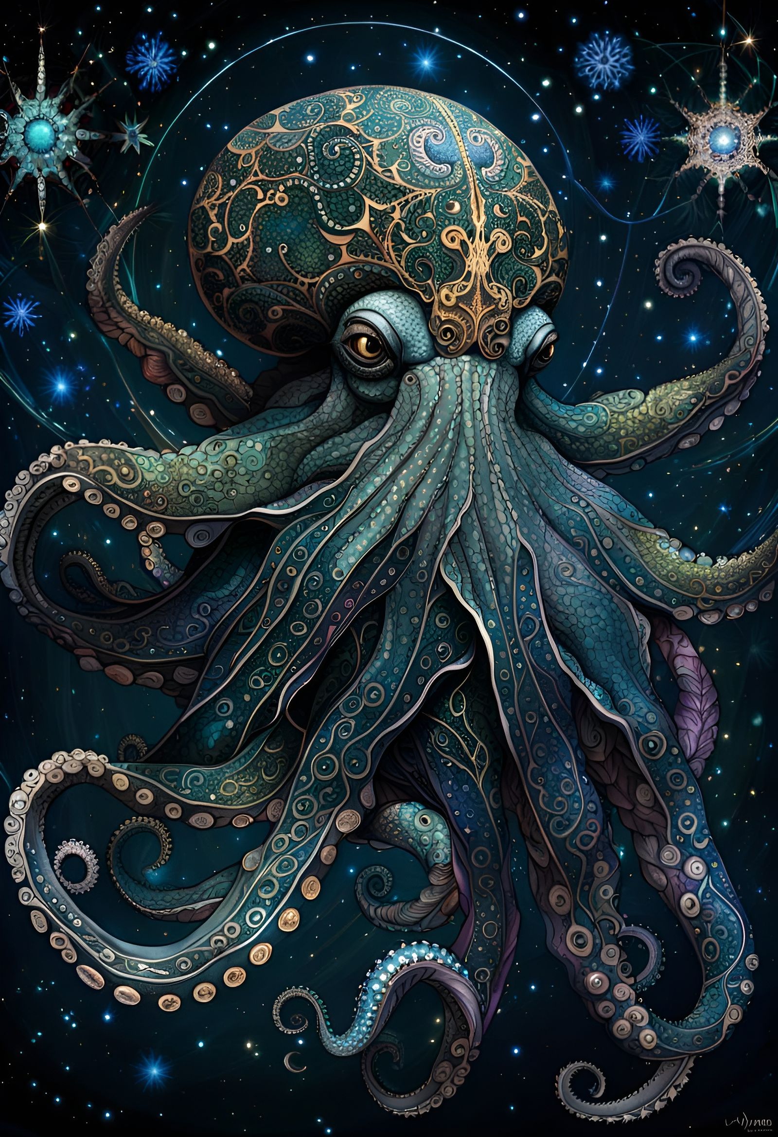 Celestial Octopus Portrait with Diamonds and Sparkles
