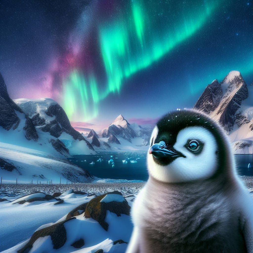 A portrait of a baby penguin in the arctic, watery eyes, snowy mountains, beautiful colorful northern lights, intricate ...