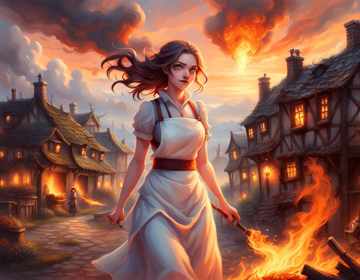Anime Maiden Pyromaniac in Burning Village