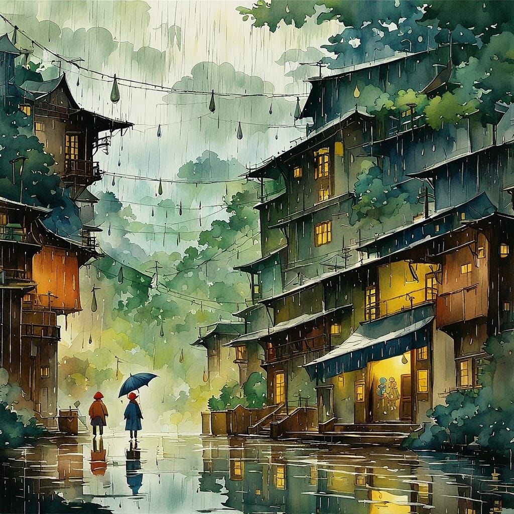 Anime Village Scene on a Rainy Day in Watercolor Style