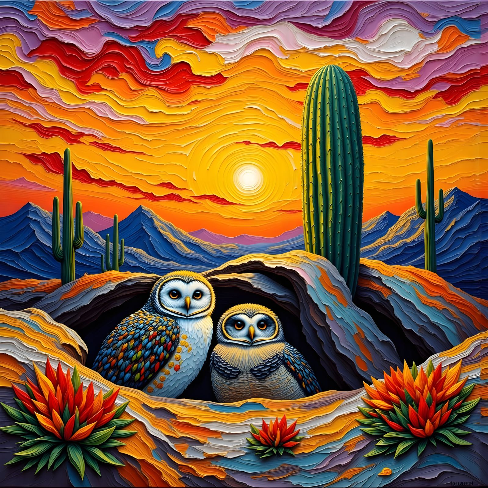 Burrowing Owls Emerge from Cactus Hole at Sunset