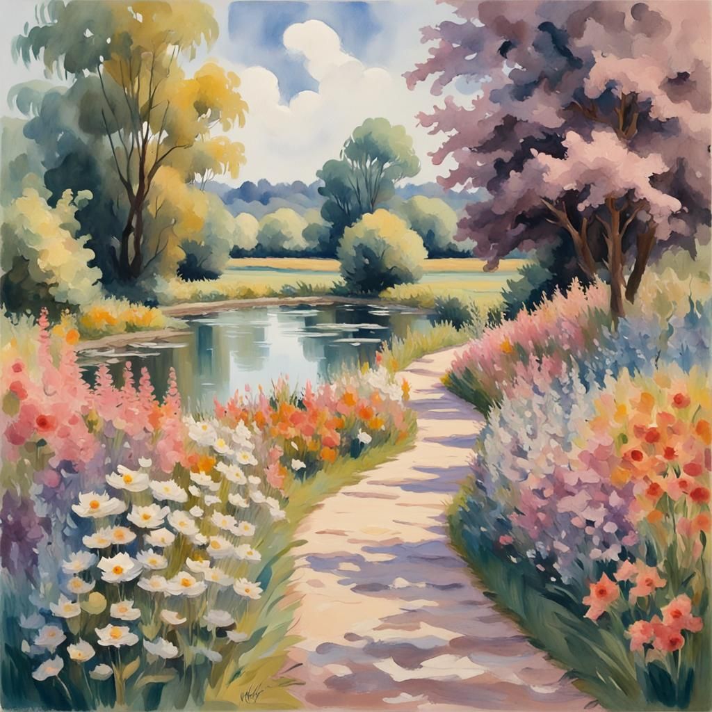 Floral Path to Pond: Gouache and Watercolor Impression