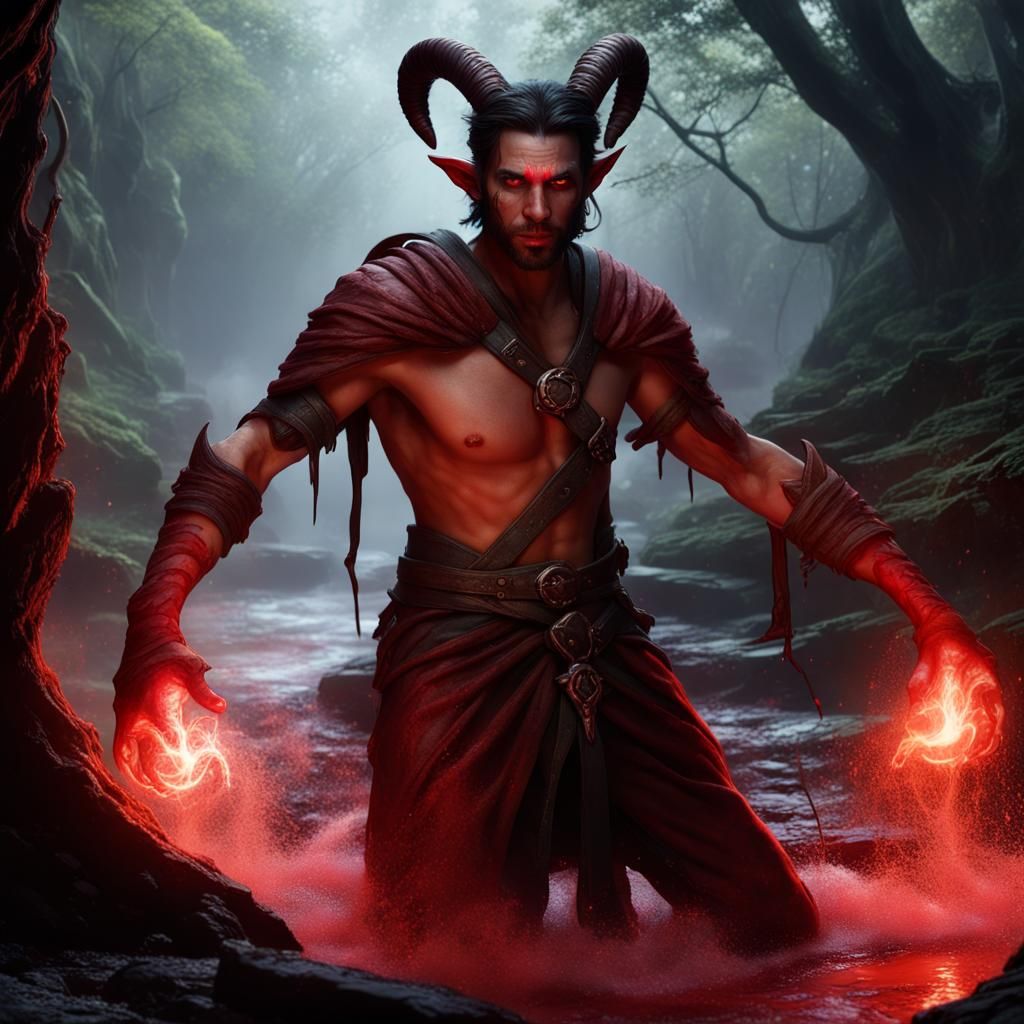 Frightened Tiefling in Dark Forest Cave