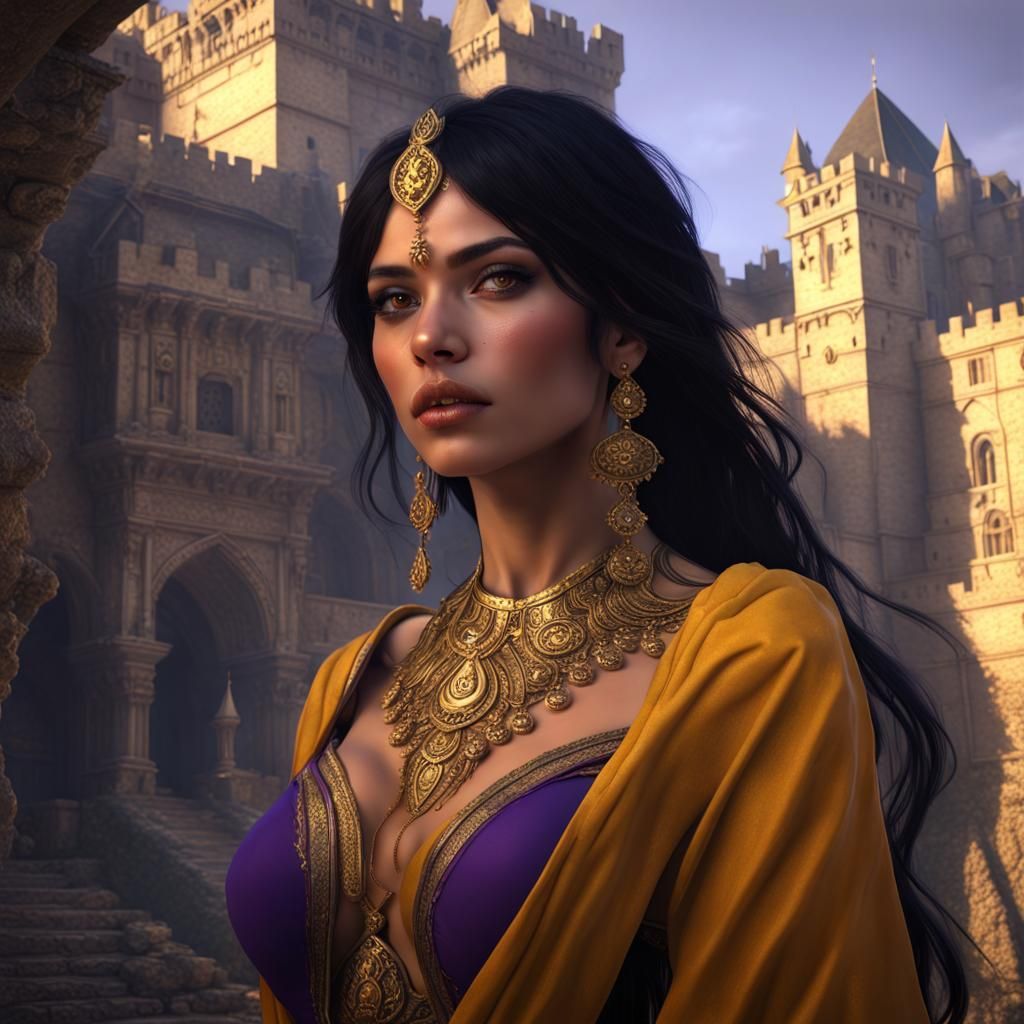 Beautiful Indian Girl in Castle, Dark Fantasy Art