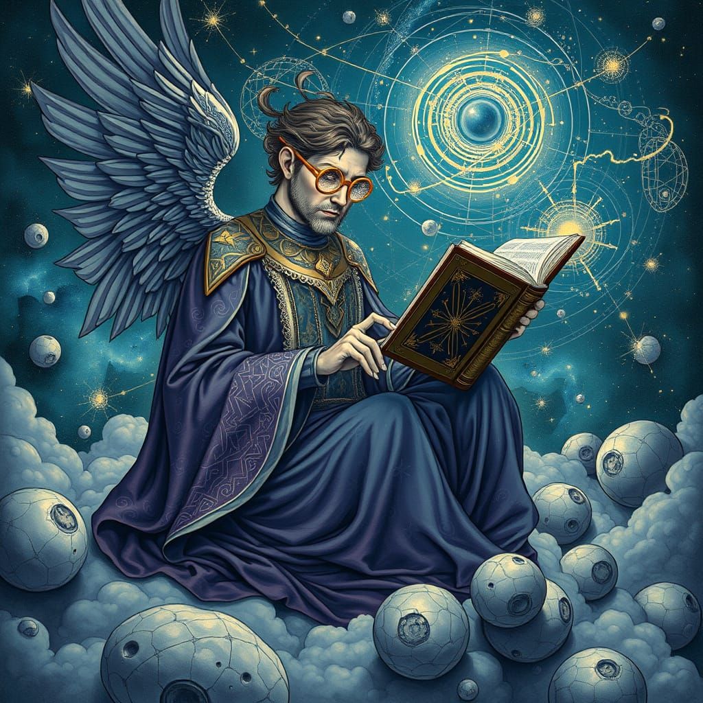 Celestial Librarian Reading in Cosmic Dreamscape