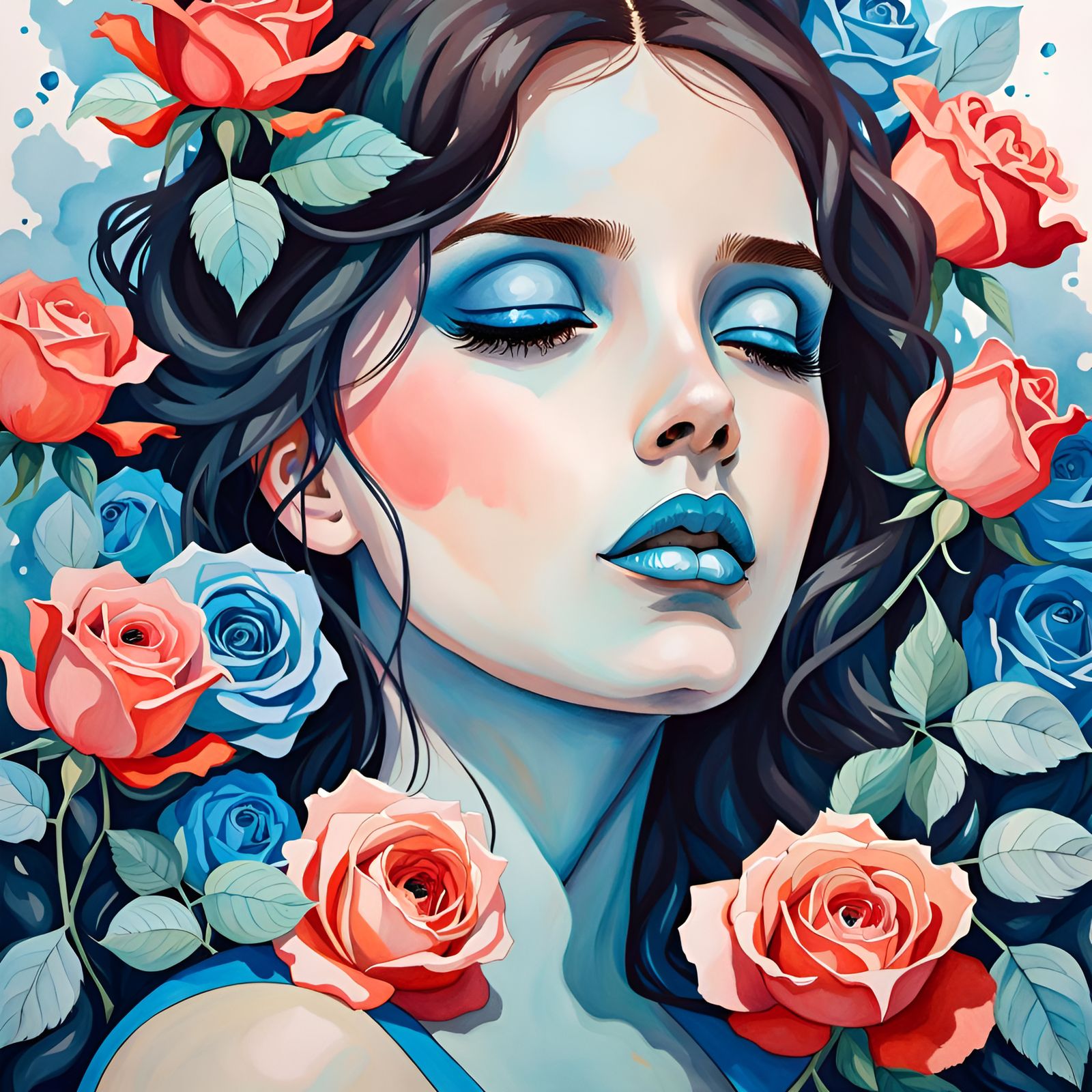 Beautiful Woman in Roses: Oil and Watercolor