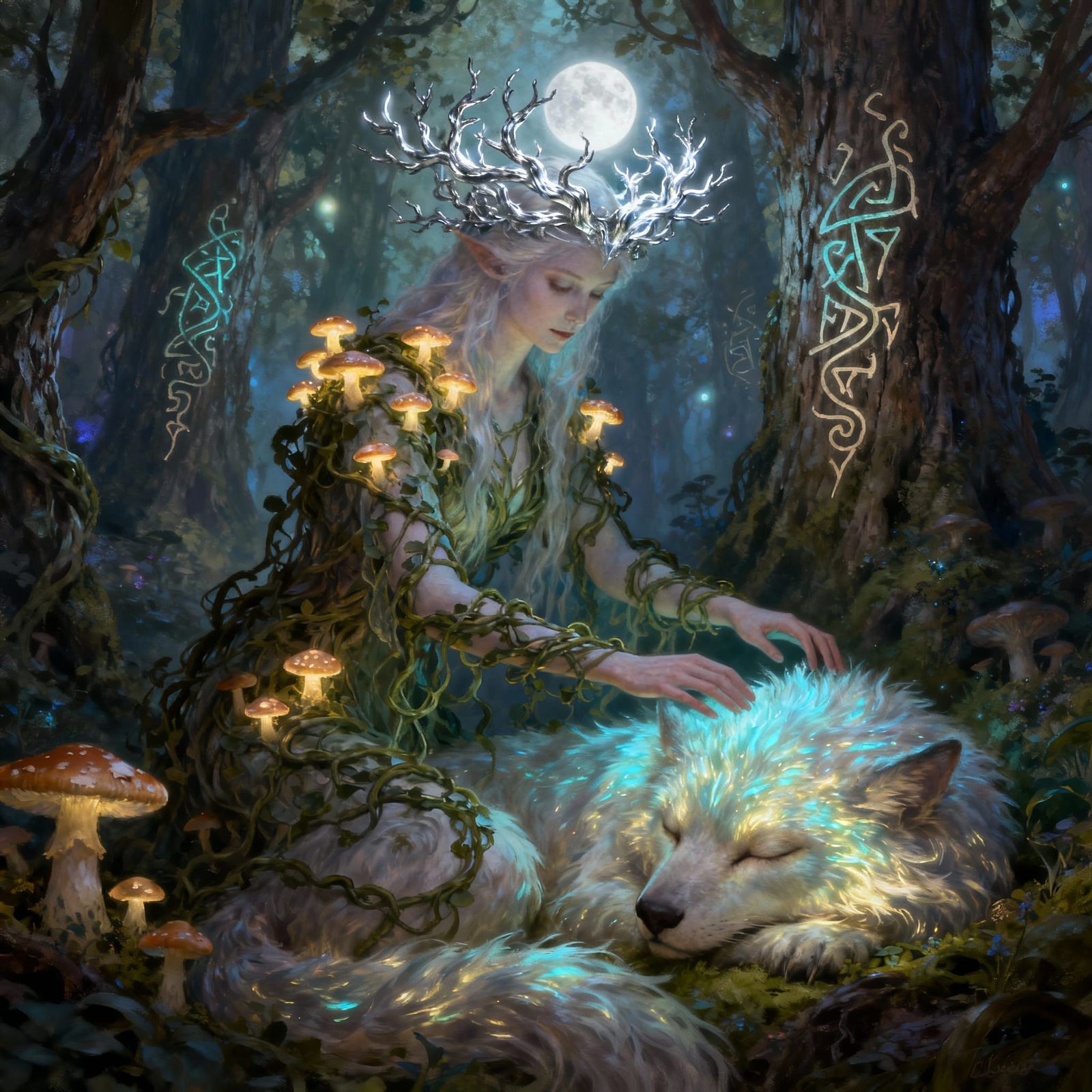 Ethereal Forest Spirit Bestows Crown in Enchanted Woods