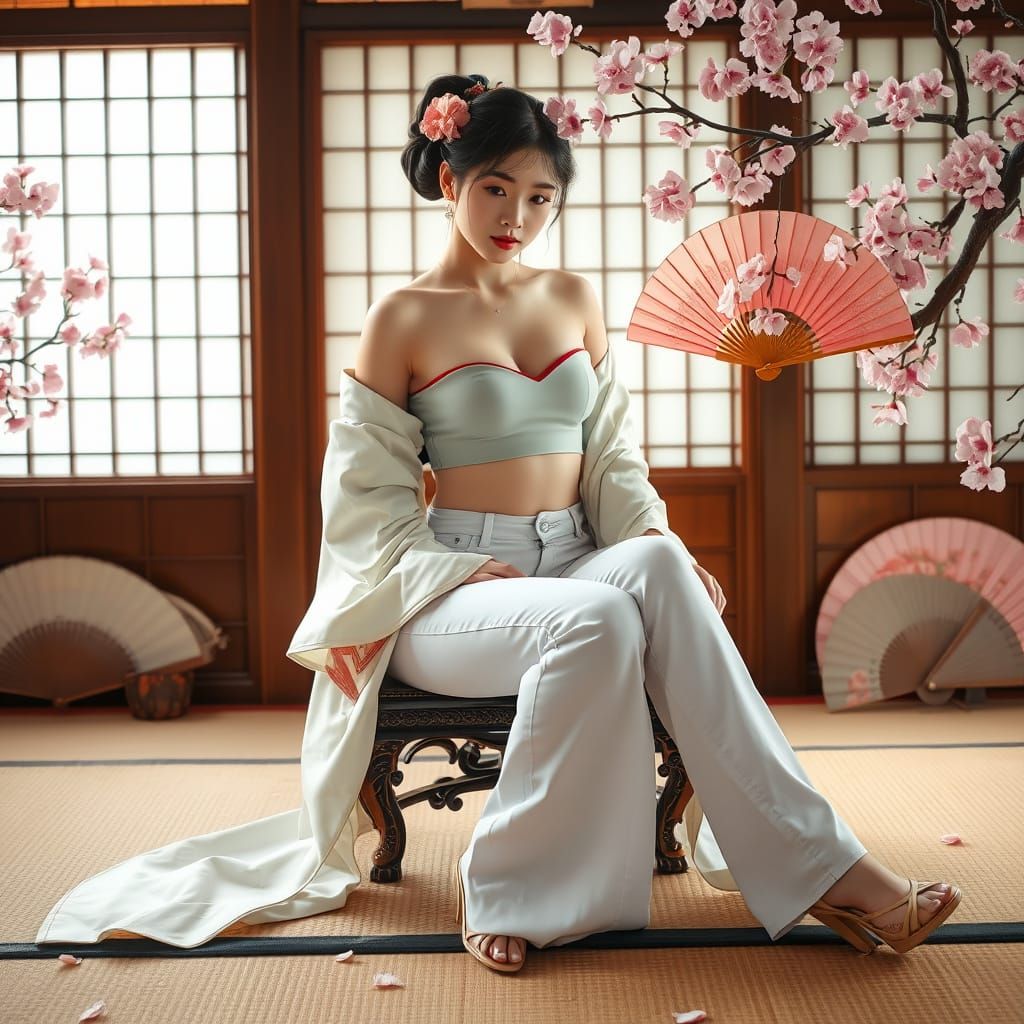 Geisha in Jeans Surrounded by Cherry Blossoms
