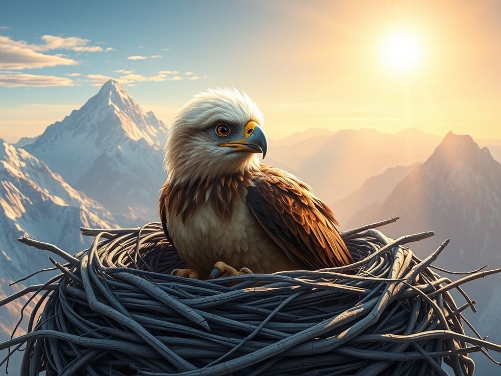 Close up of Cute feathery baby eagle in nest,