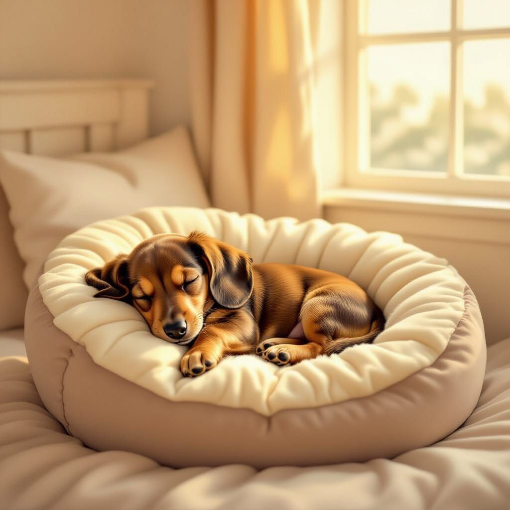 Dachshund Puppy Sleeping in Sunlit Dog Bed
