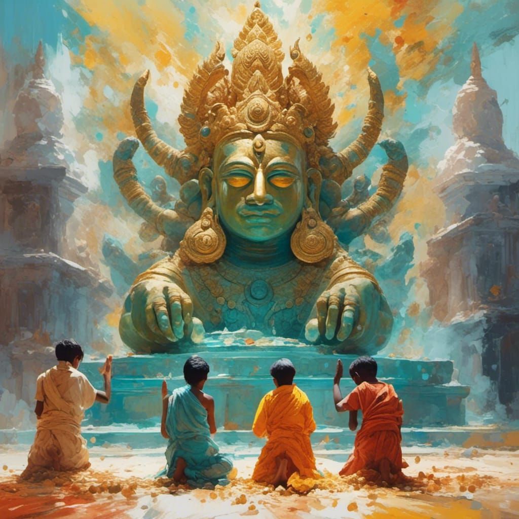 Boys Bowing Before Indian Gods in Gouache Style