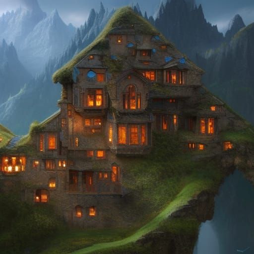 Glass and Mirror House on Mountainside, Detailed Matte Paint...