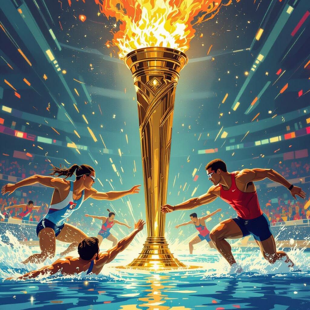 Olympic Torch & Athletes in Dynamic Photorealistic Style