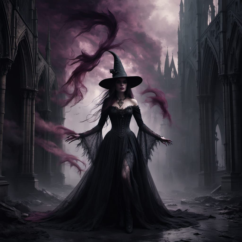 Dark Witch Floats in Stormy Gothic Landscape