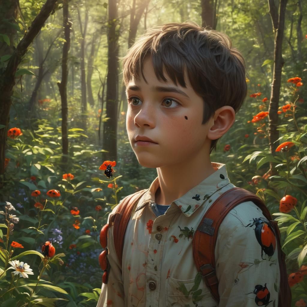 Boy and Ladybug in Whimsical Forest, Fantasy Art