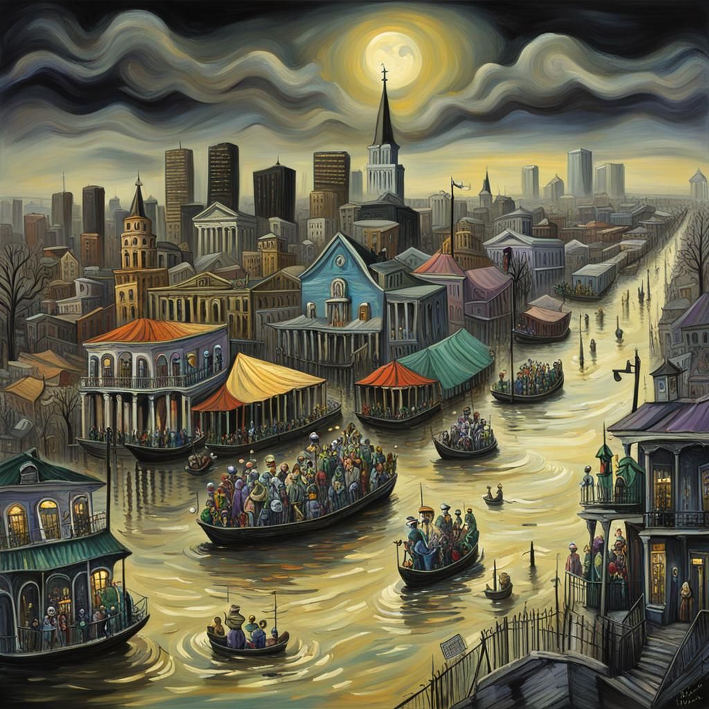 Dystopian Mardi Gras Flood: A Burton-esque Picasso Masterpie...